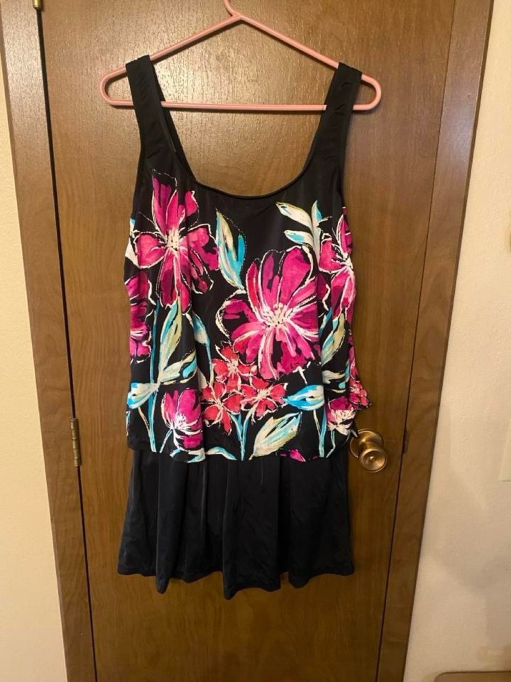Maxine of Hollywood Black One-Piece Swimdress with Pink Floral Print